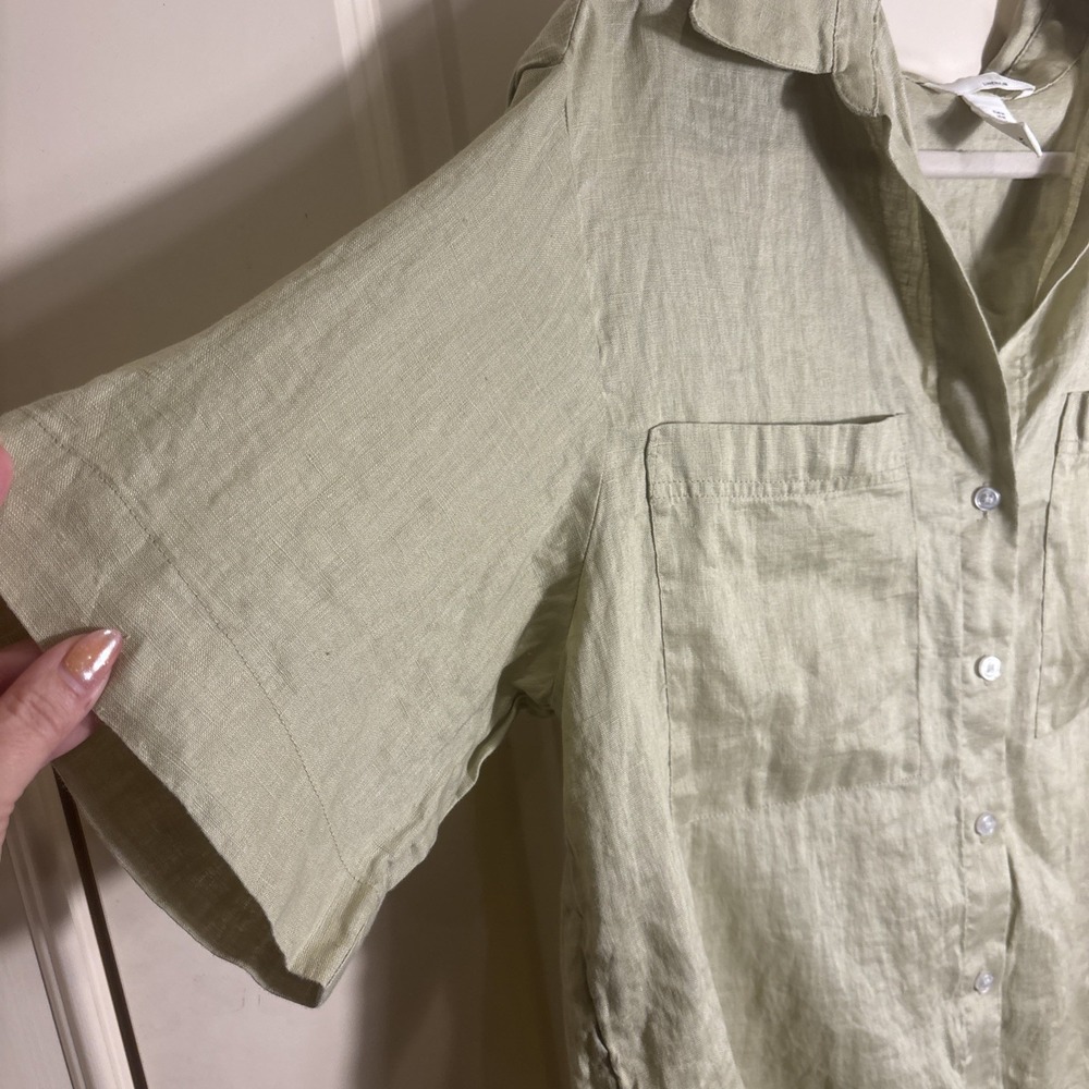 H&M Linen Shirt Sage Women Size Medium Button Front Short Sleeve Coastal Top - Picture 3 of 6